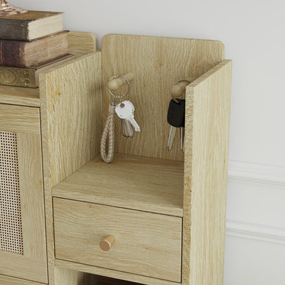 Natural Bohemia Style Shoe Cabinet, Shoe Rack Cabinet With 3 Rattan Flip Drawers, 3 Square Shelves And 1 Storage Drawer, Shoe Organizer With Mulit Storage Space And Hooks For Hallway, Entryway - Natural
