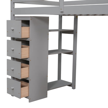 Twin Size Loft Bed With Storage Drawers, Desk And Stairs With Shelves - Gray