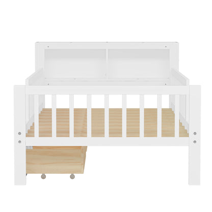 Twin Size Bed With Headboard Storage Rack, 2 Under Bed Drawers, 3 - Side Guardrails For Safety And Security - White