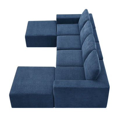Modular U Shaped Sectional With Ottomans, Luxury Cloud Floor Couch With Deep Seat Fully Compressed Upholstered Sofa - Navy