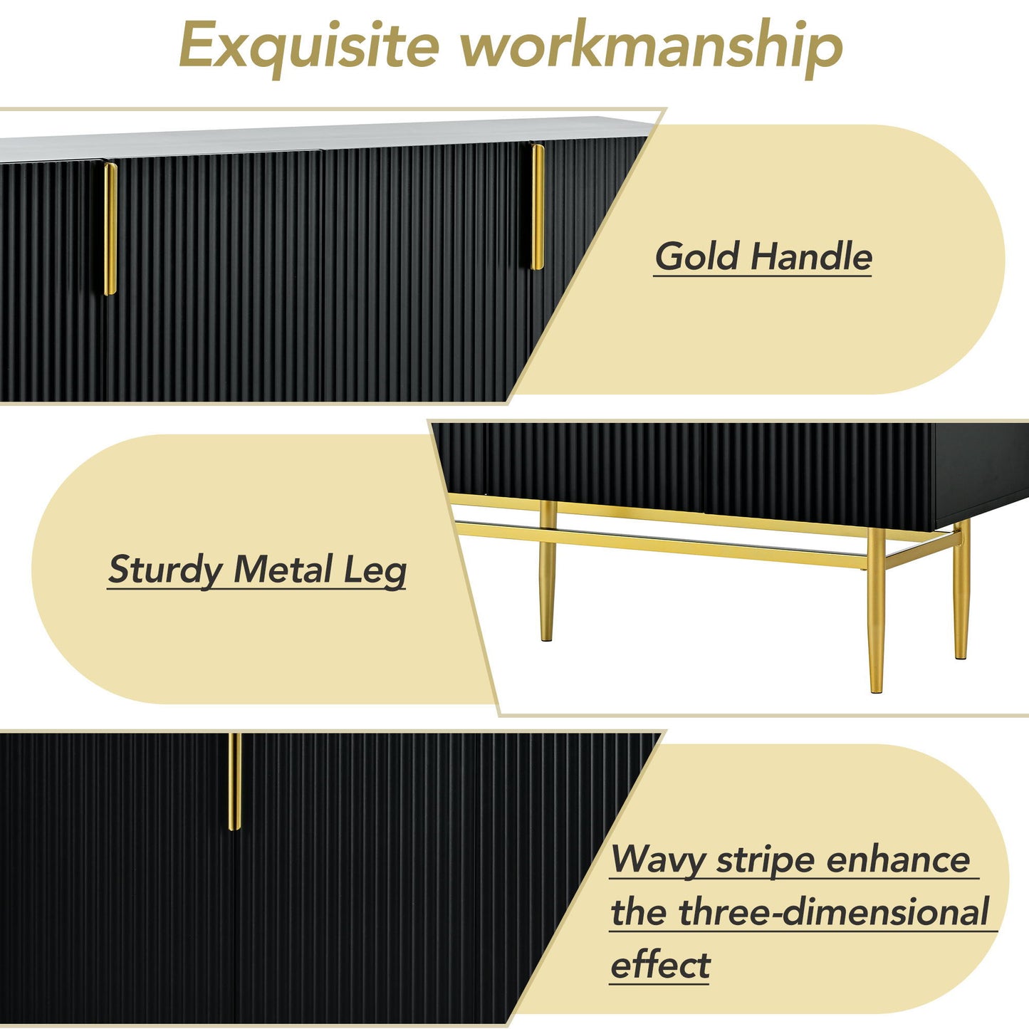 Modern Elegant 4 Door Sideboard Gold Metal Handle Buffet Cabinet For Dining Room, Living Room, Bedroom, Hallway - Black