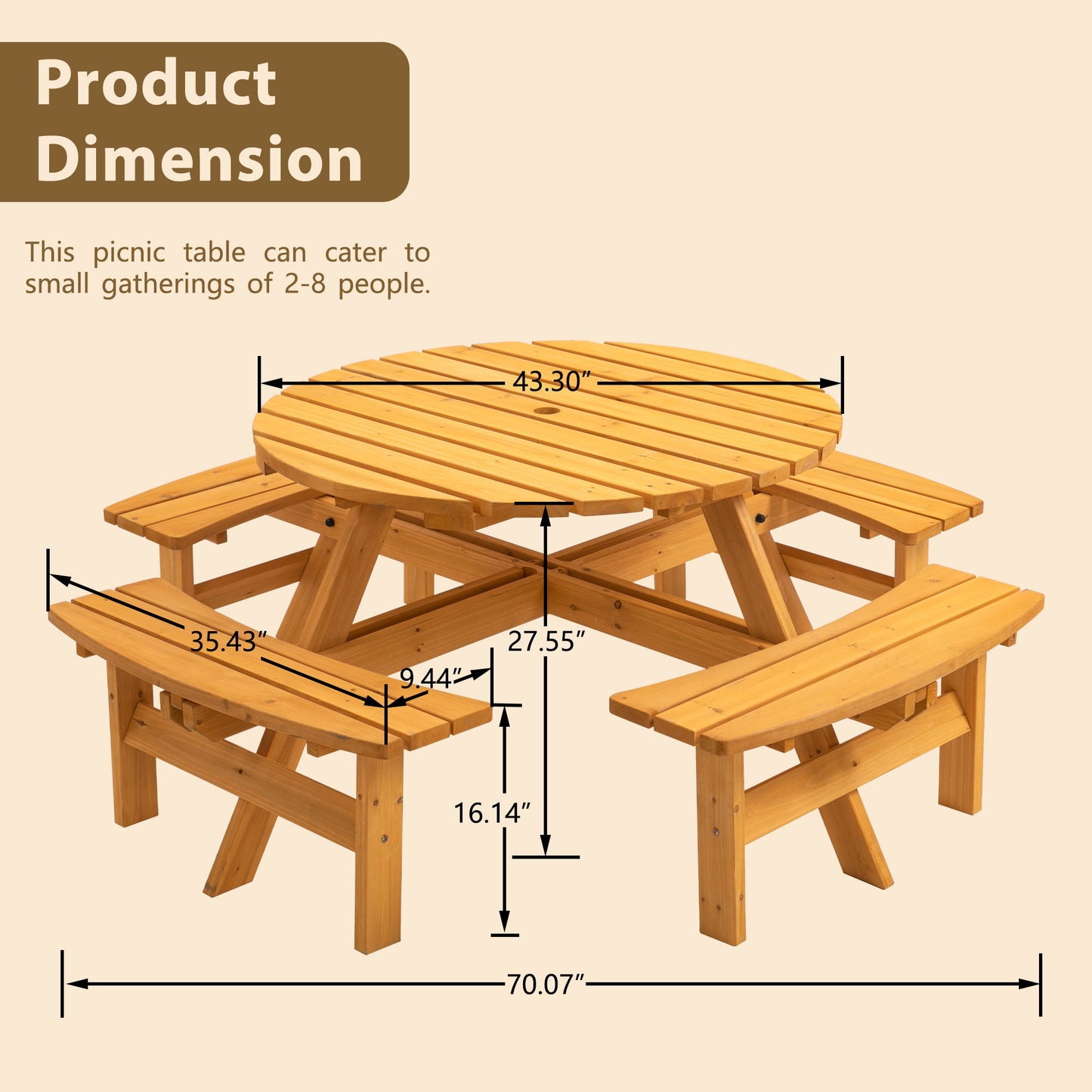 8 Person Wooden Picnic Table, Outdoor Camping Dining Table With Seat, Garden, Diy With 4 Built-In Benches, 2220Lb Capacity - Natural