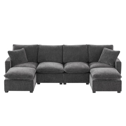 Modern U-Shape Modular Sofa, 6 Seat Chenille Sectional Couch Set With 2 Pillows Included, Freely Combinable Indoor Funiture - Black / Gray