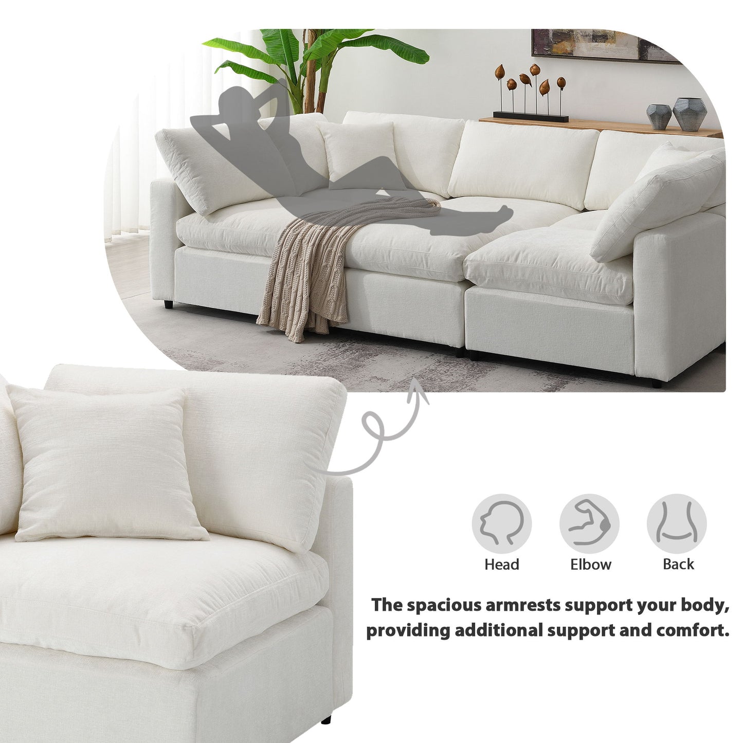 Modern Modular Cloud Sofa Bed, 6 Seat Chenille Sectional Couch Set With Ottoman, Free Combination, Convertible U Shaped Sleeper Sofa - Beige