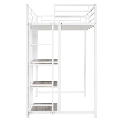 Twin Size Loft Bed With Desk And Whiteboard, Loft Bed With 3 Shelves And Ladder - White