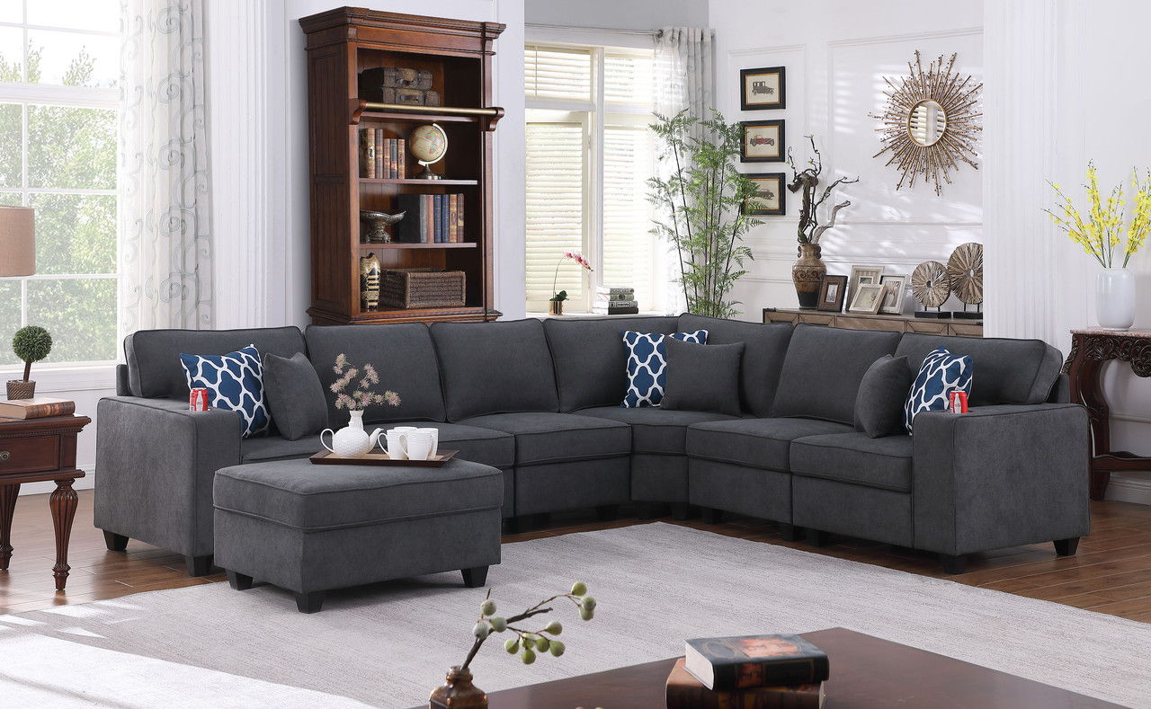 Cooper - 7 Piece Reversible L-Shape Sectional Sofa With Ottoman And Cupholder - Stone Gray