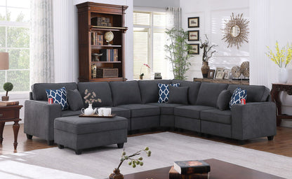 Cooper - 7 Piece Reversible L-Shape Sectional Sofa With Ottoman And Cupholder - Stone Gray