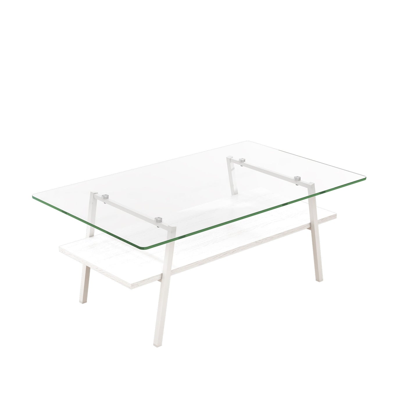 Rectangle Coffee Table, Tempered Glass Tabletop With Metal Legs, Modern Table For Living Room - Transparent / White