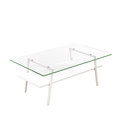 Rectangle Coffee Table, Tempered Glass Tabletop With Metal Legs, Modern Table For Living Room - Transparent / White