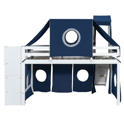 Twin Size Loft Bed With Tent And Tower - Blue