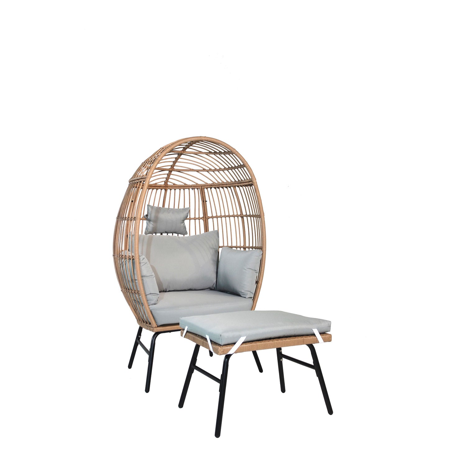 Outdoor Garden Wicker Egg Chair And Footstool Patio Chaise, With Cushions, Outdoor Indoor Basket Chair - Blue / Neutral