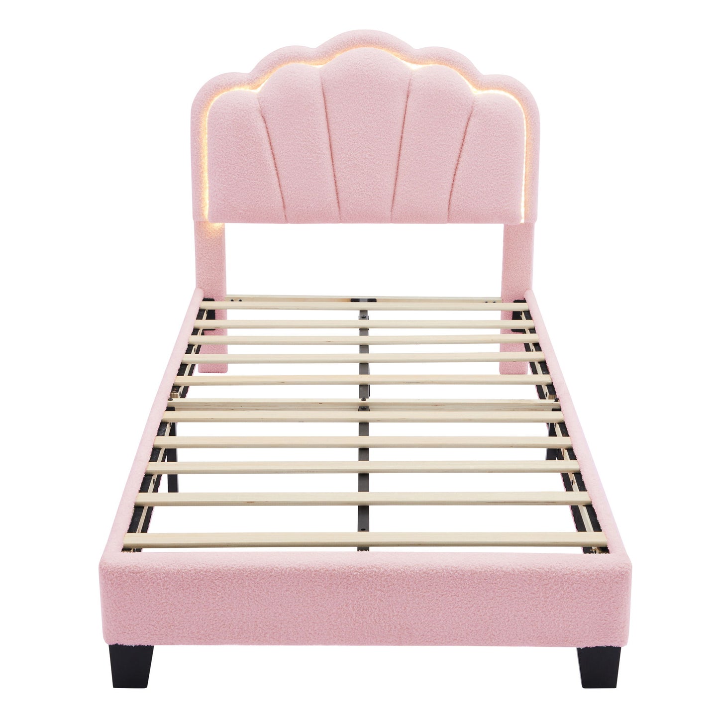 Twin Size Upholstered Flower-Shape Bed, Elegant Flowers Headboard With LED Light Strip, Sherpa Fabric Platform Bed With Slats Support - Pink
