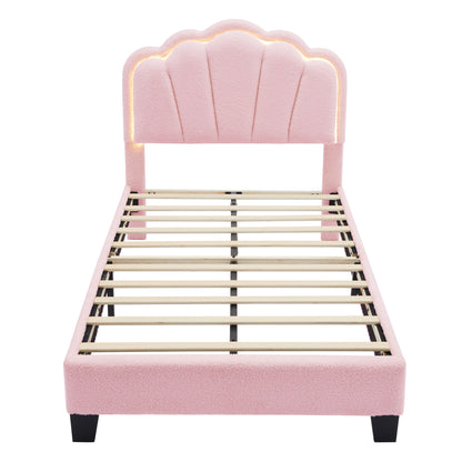 Twin Size Upholstered Flower-Shape Bed, Elegant Flowers Headboard With LED Light Strip, Sherpa Fabric Platform Bed With Slats Support - Pink