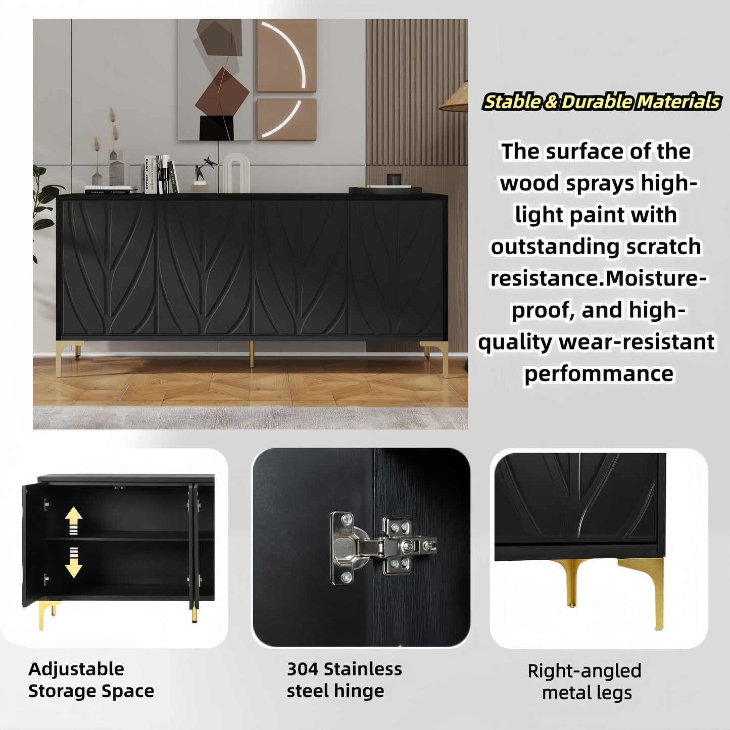 Modern Sideboard Buffet Cabinet With Handleless Press To Open Design, Carved Credenza Storage Cabinet With 4 Doors Construction - Black