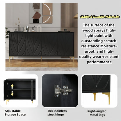 Modern Sideboard Buffet Cabinet With Handleless Press To Open Design, Carved Credenza Storage Cabinet With 4 Doors Construction - Black