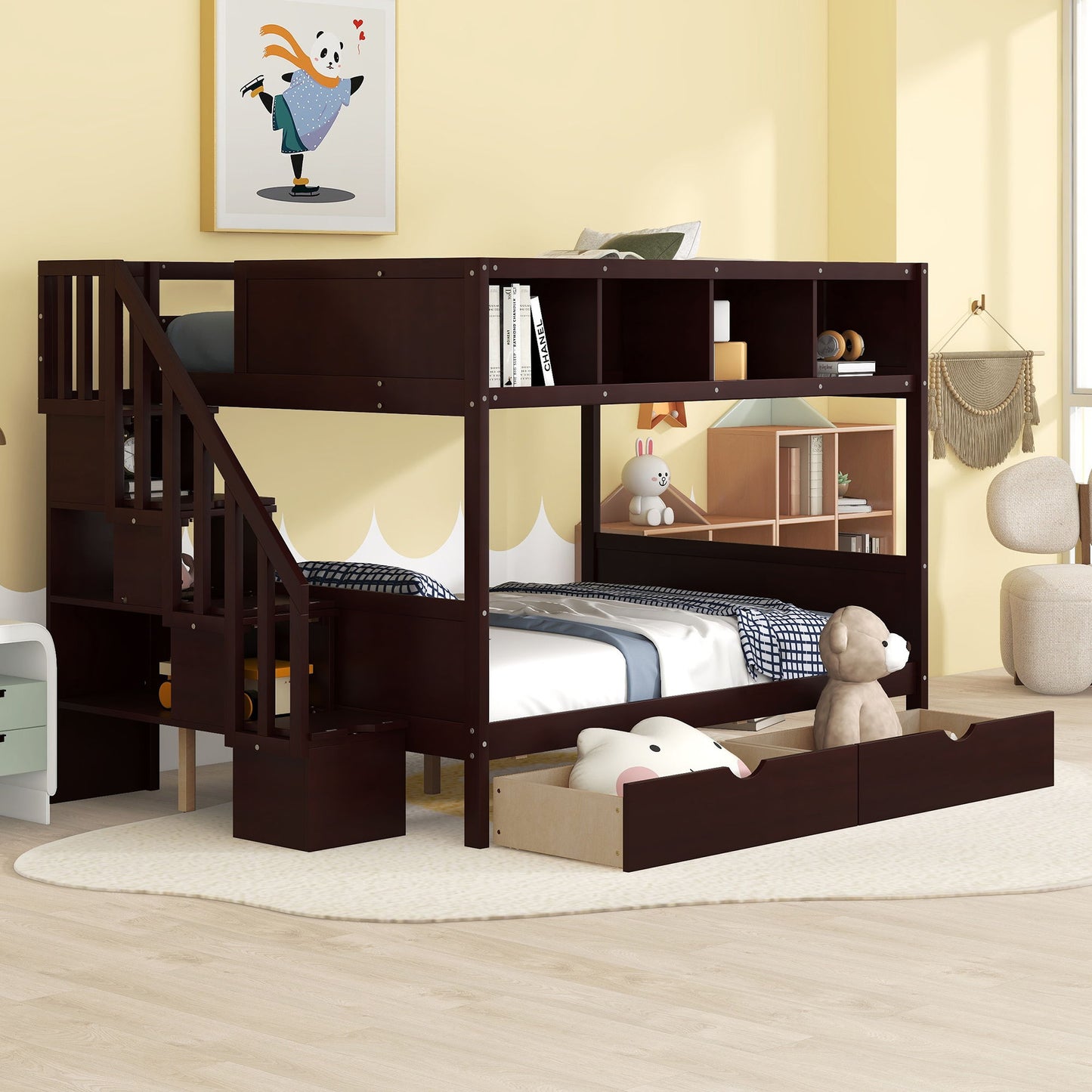 Twin Over Full Bunk Bed With Shelfs, Storage Staircase And 2 Drawers - Espresso