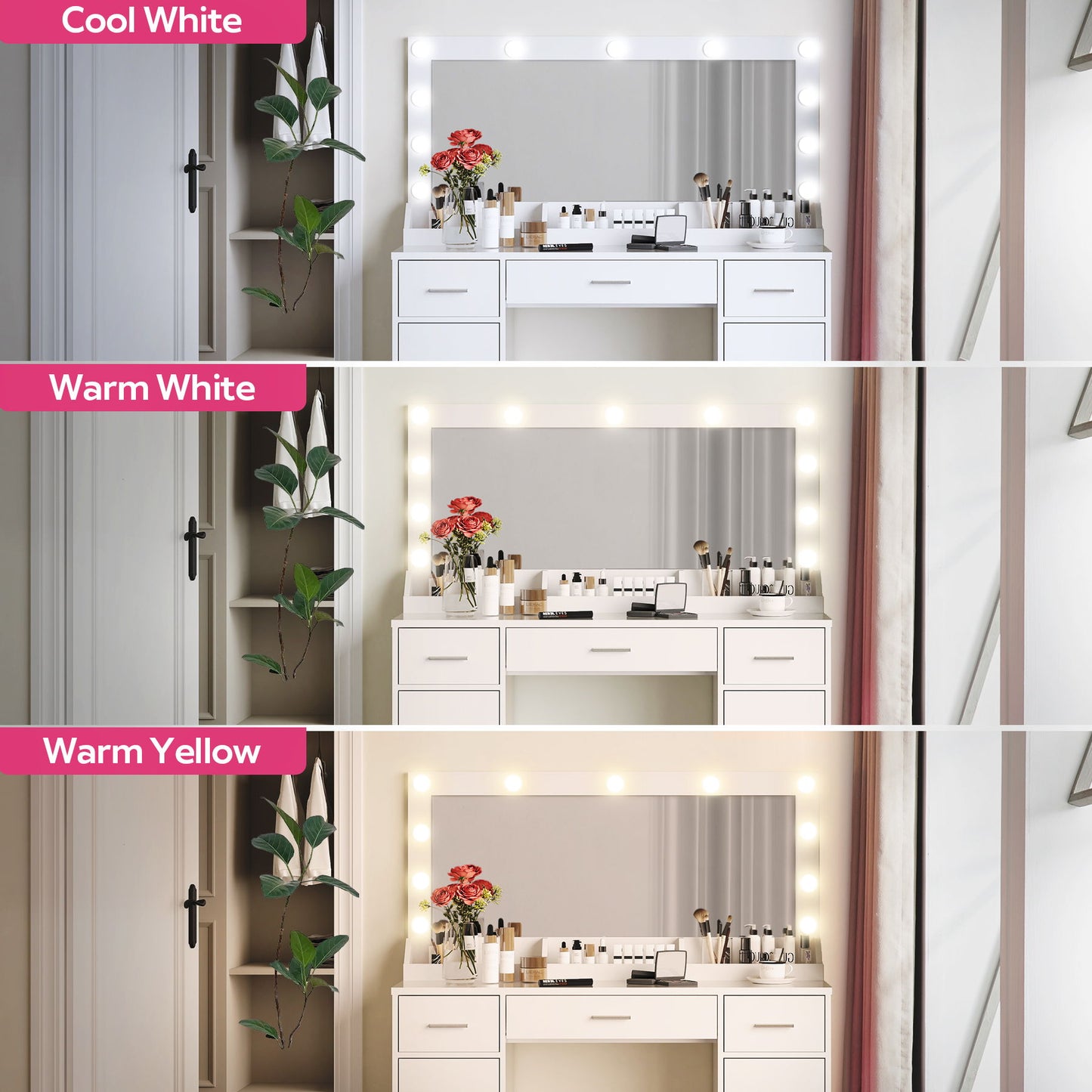 47.2" Vanity Desk With Large Mirror, 3 Colour Lighting Modes, Adjustable Brightness, Dresser With 3 Drawers & 2 Vertical Cabinets, Makeup Vanity Table For Women & Girls - White