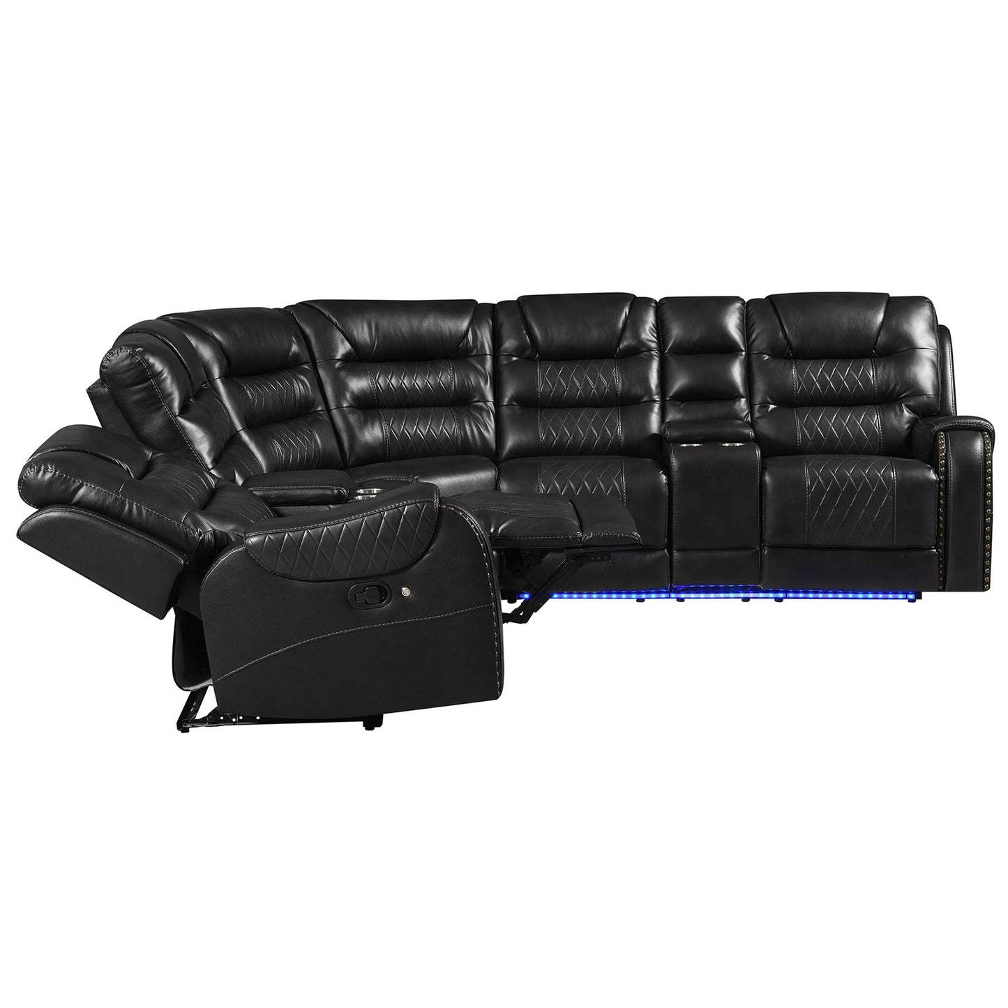 Manual Reclining Sectional Sofa Set L Shaped Symmetrical Motion Sofa Corner Couch Sets With Storage Boxes, 4 Cup Holders And LED Light Strip For Living Room - Black