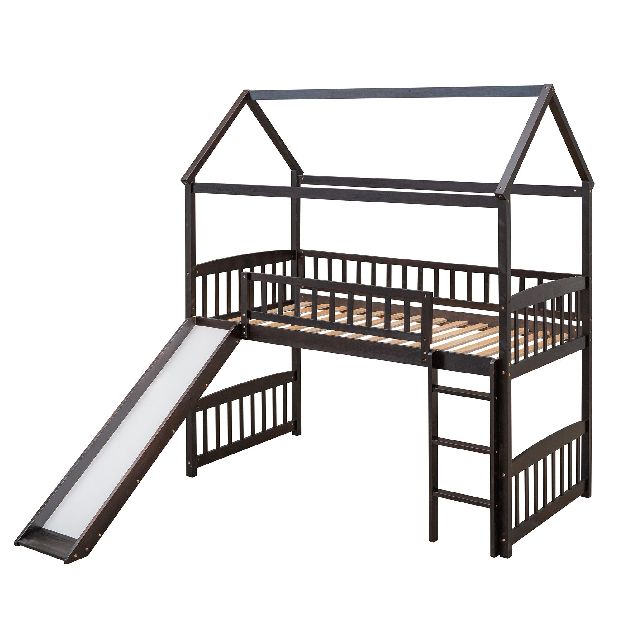 Twin House Loft Bed With Slide - Espresso