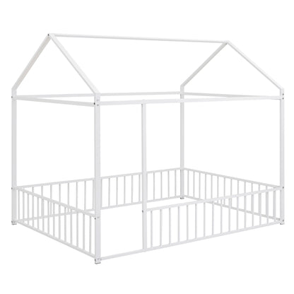 Full Size Bed House Bed Frame With Fence - White