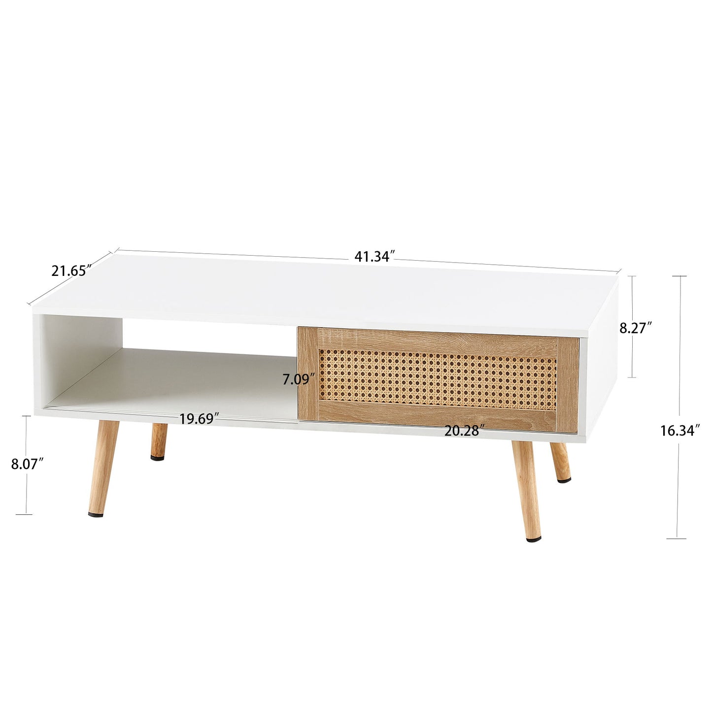 41.34" Rattan Coffee Table, Sliding Door For Storage, Solid Wood Legs, Modern Table For Living Room - White