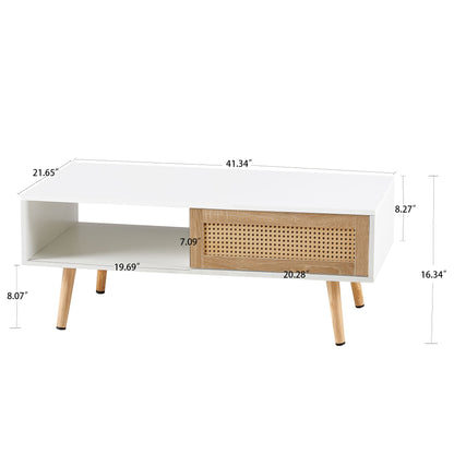 41.34" Rattan Coffee Table, Sliding Door For Storage, Solid Wood Legs, Modern Table For Living Room - White