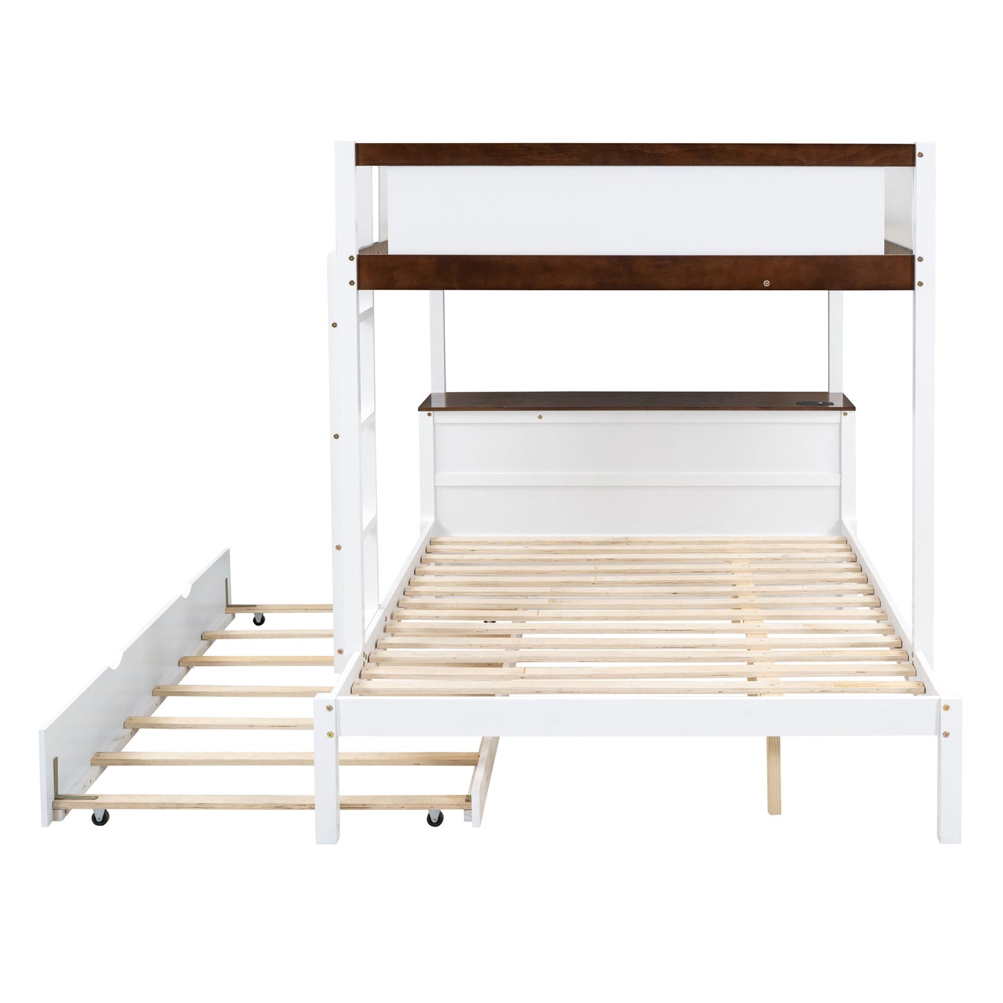 Full Over Full Bunk Bed With Twin Size Trundle, Storage And Desk - White / Walnut