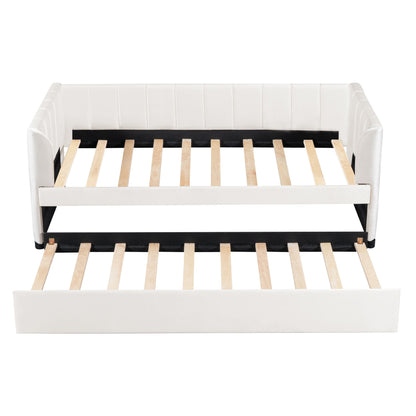 Twin Size Upholstered Daybed With Ergonomic Design Backrest And Trundle - Beige