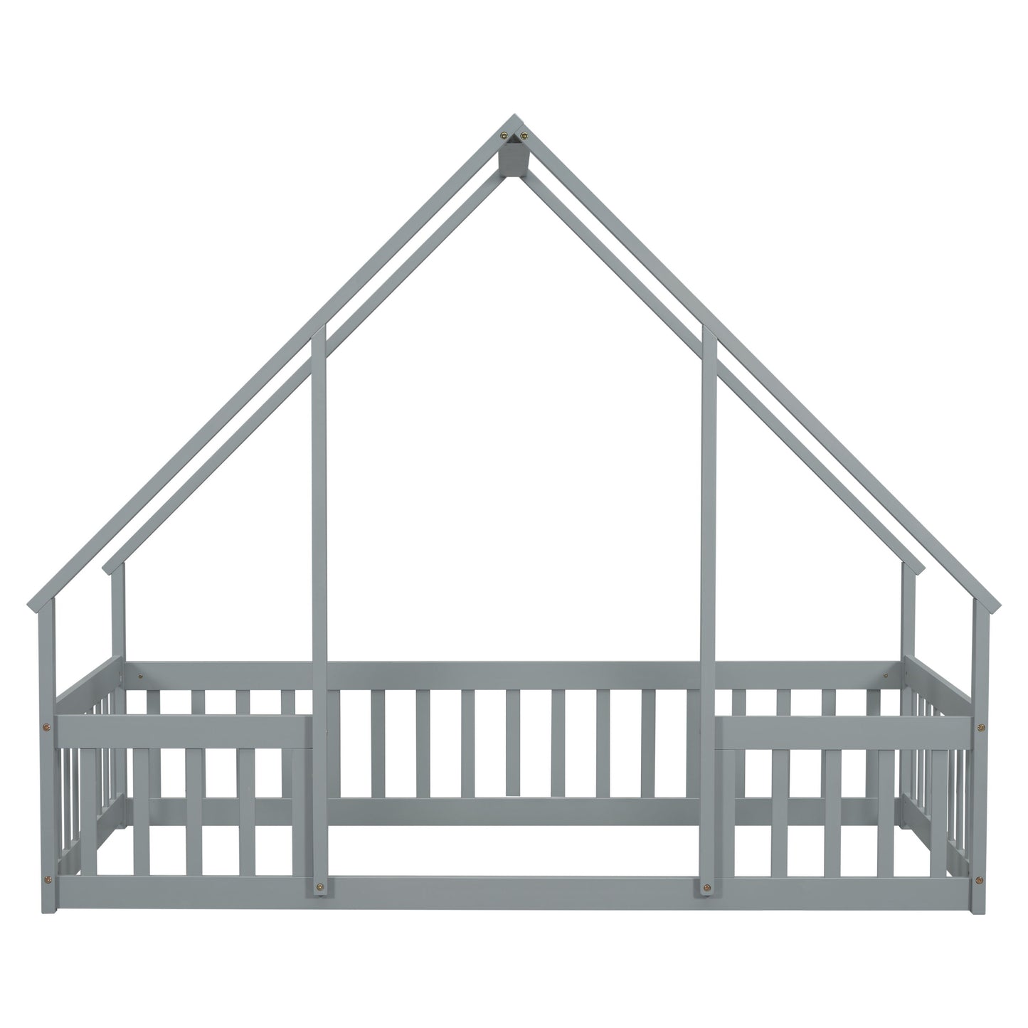 Twin Wood House-Shaped Floor Bed With Fence, Guardrails - Gray