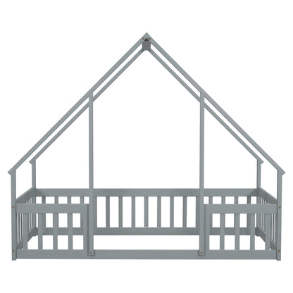 Twin Wood House-Shaped Floor Bed With Fence, Guardrails - Gray