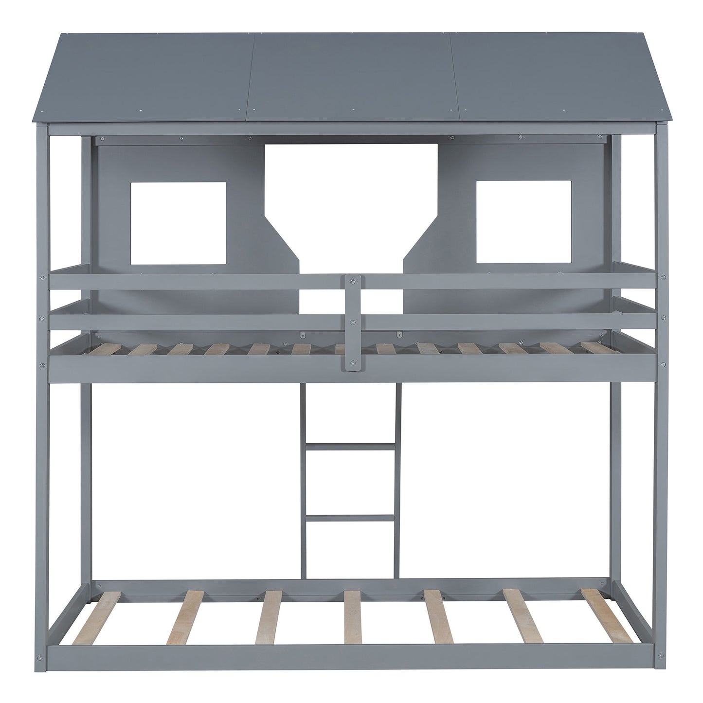 Twin Over Twin Bunk Bed With Roof, Window, Guardrail, Ladder - Gray