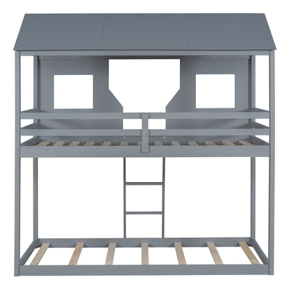 Twin Over Twin Bunk Bed With Roof, Window, Guardrail, Ladder - Gray