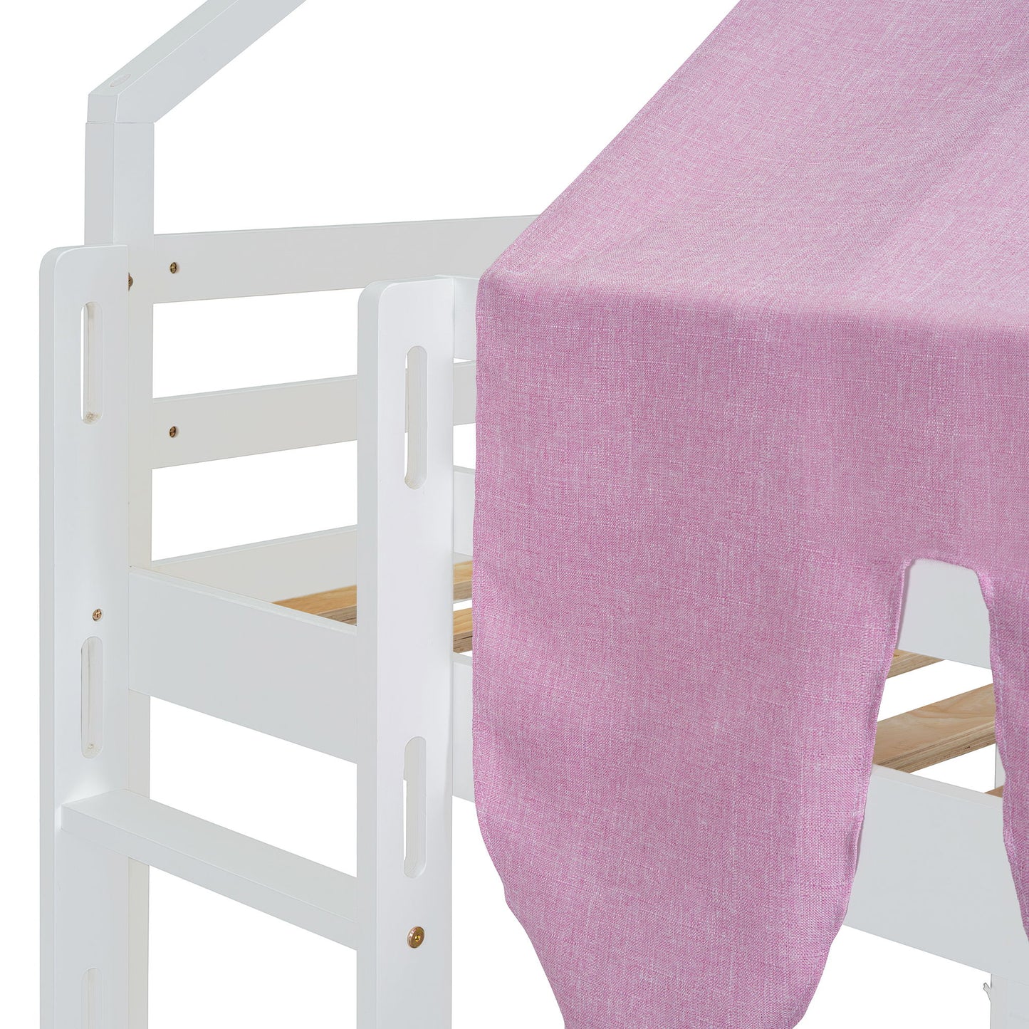 Full Size Loft Bed With House Shaped Frame And Tent - White / Pink