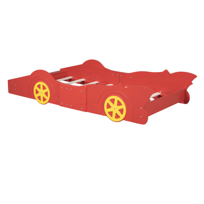 Twin Size Platform Bed Race Car Shaped With Wheels - Red