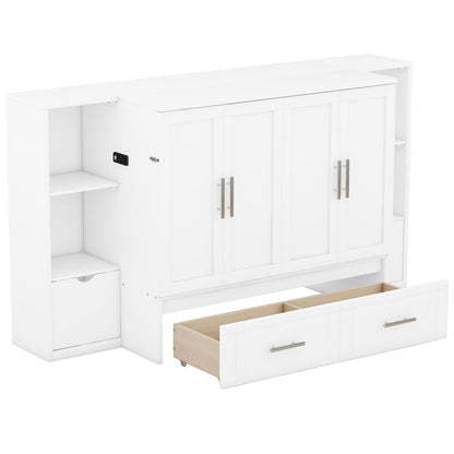 Queen Size Murphy Bed With Shelves, Drawers And USB Ports - White