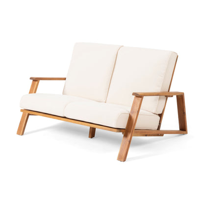 Paloma - Loveseat And Coffee Table Set With Adirondack Design Acacia Wood And Waterproof Fabric - Teak / Beige