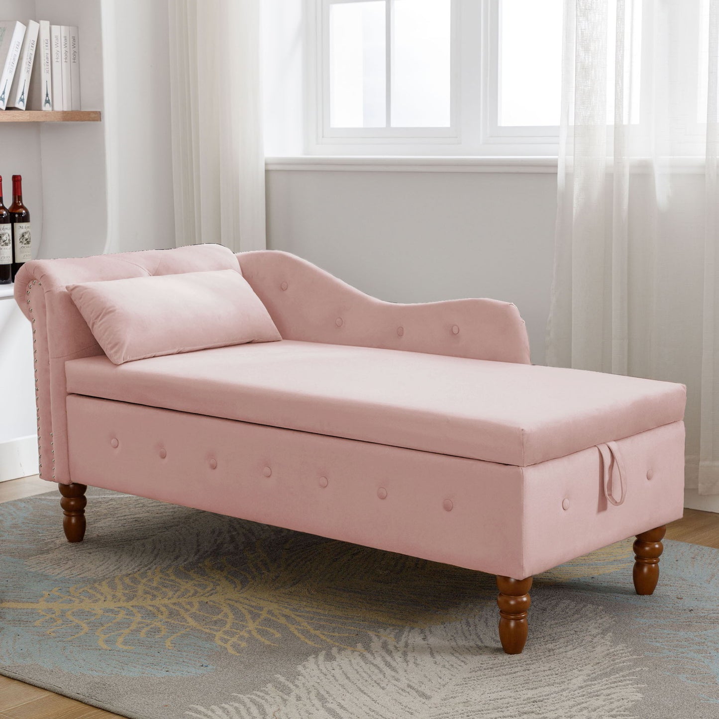 Chaise Lounge Indoor, Velvet Lounge Chair For Bedroom With Storage & Pillow, Modern Upholstered Rolled Arm Chase Lounge For Sleeping With Nailhead Trim For Living Room Bedroom Office - Pink