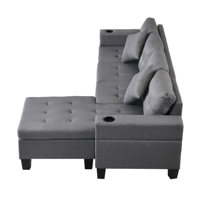 Sectional Sofa Set For Living Room With L Shape Chaise Lounge, Cup Holder And Left Or Right Hand Chaise Modern 4 Seat - Gray