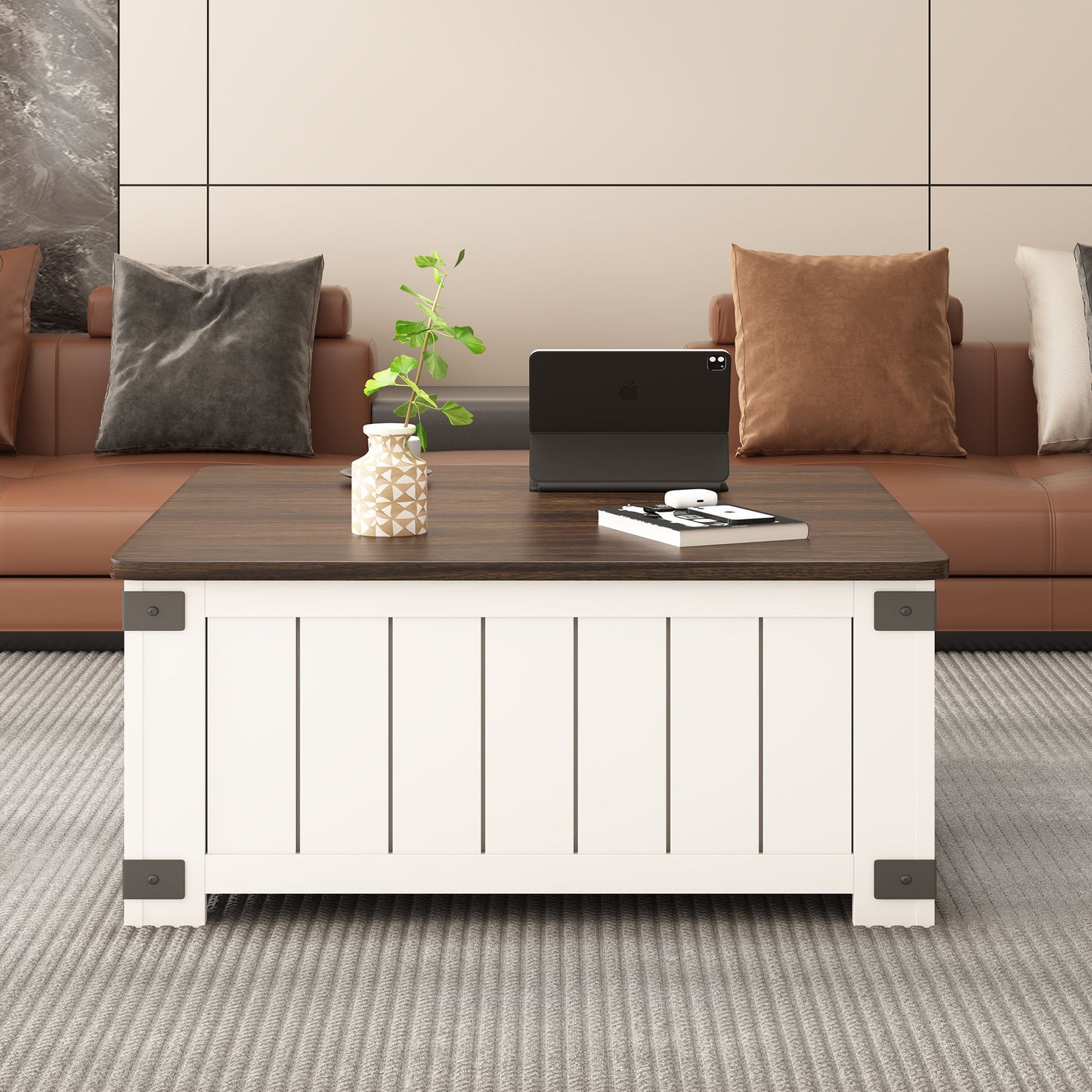 Farmhouse Style Lift Top Coffee Table With Storage And Charging Station - White Wood