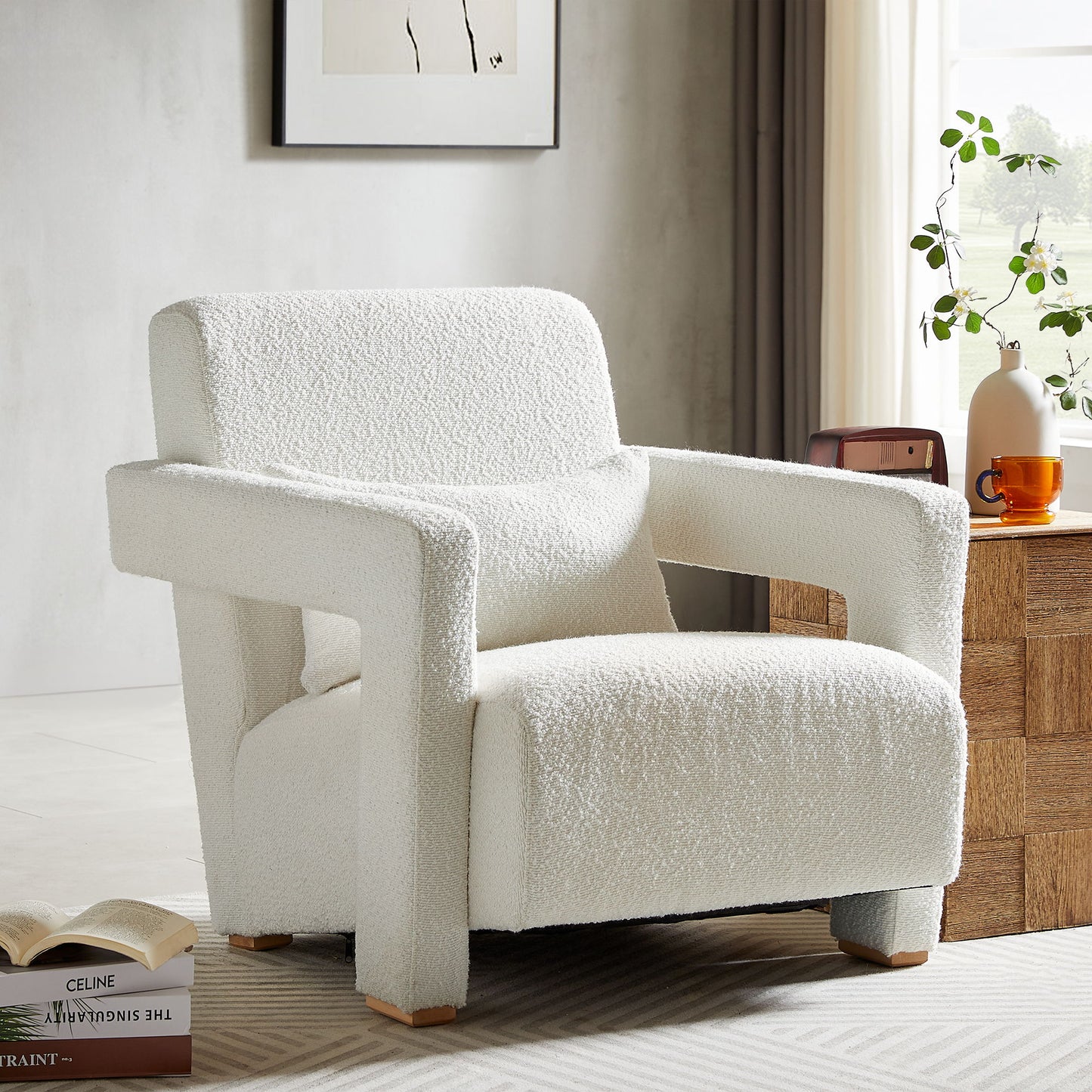 Sleek Right Angle Armrests, Ergonomic Lumbar Support, Square Wooden Block Legs, Inclined Seat For Comfort, Artistic Statement Piece For Living Room, Bedroom And Study - White