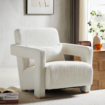 Sleek Right Angle Armrests, Ergonomic Lumbar Support, Square Wooden Block Legs, Inclined Seat For Comfort, Artistic Statement Piece For Living Room, Bedroom And Study - White