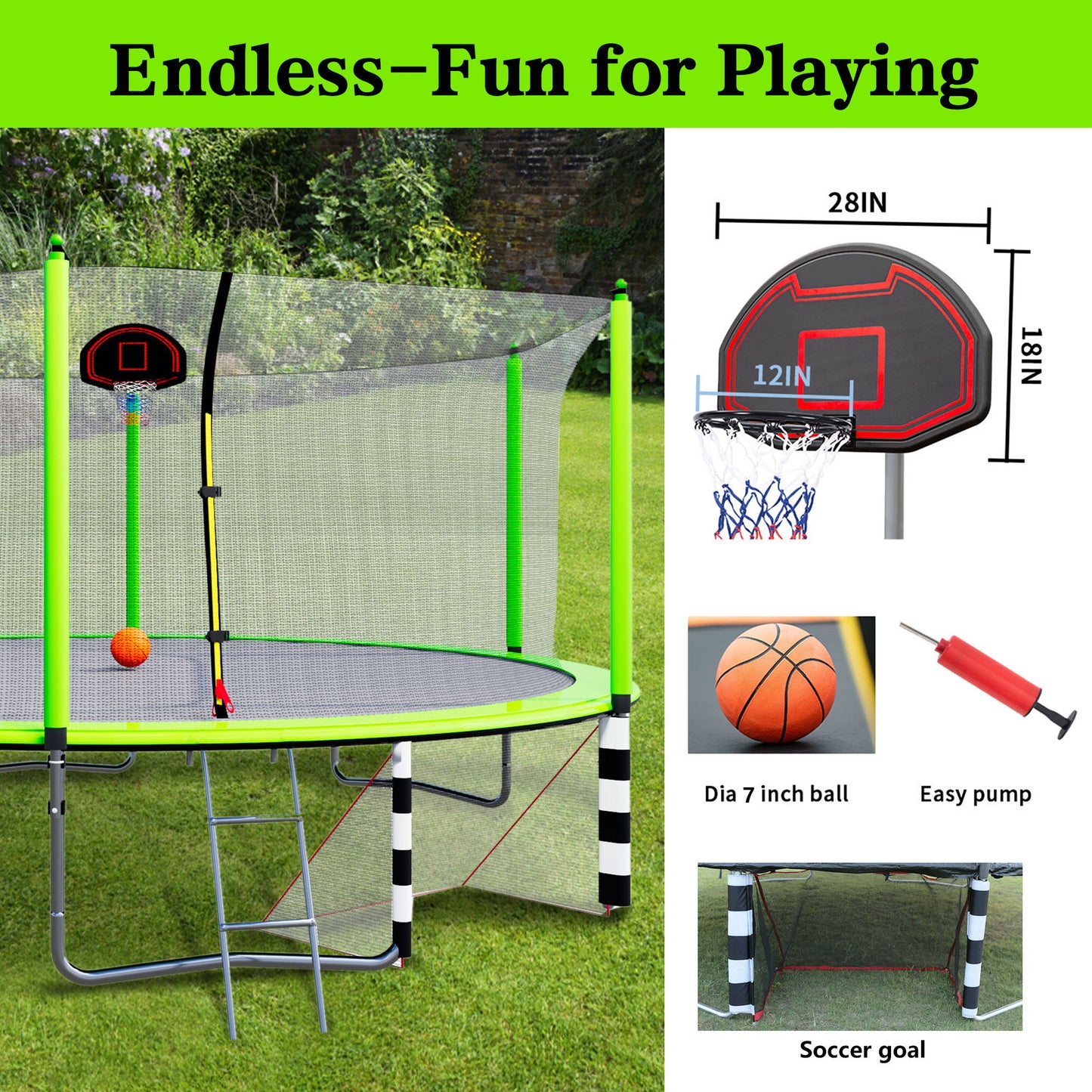 16Ft Trampoline With Basketball Hoop Pump And Ladder (Inner Safety Enclosure) With Soccer Goal - Green
