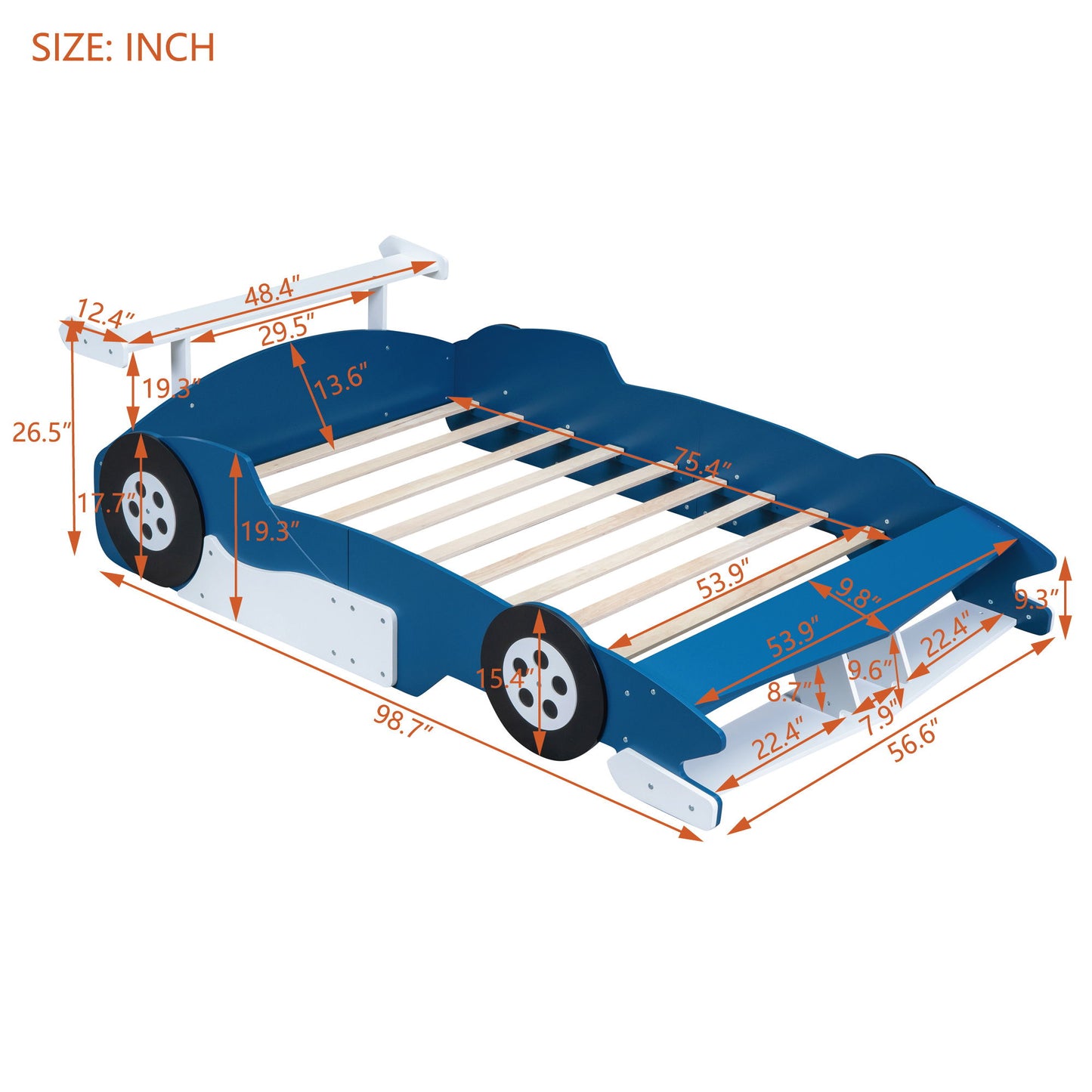 Full Size Race Car Shaped Platform Bed With Wheels - Blue