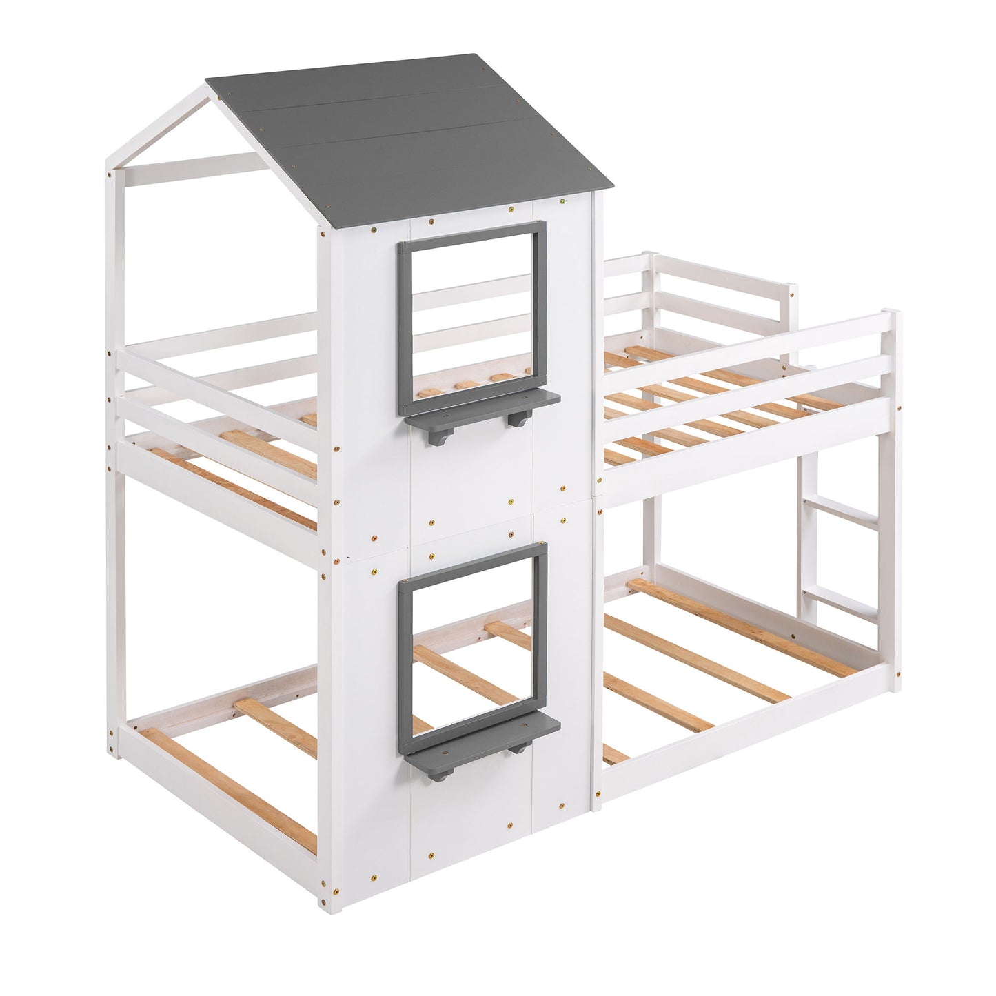 Twin Over Twin Bunk Bed & Roof, Window, Guardrail, Ladder - White