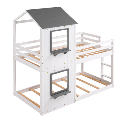 Twin Over Twin Bunk Bed & Roof, Window, Guardrail, Ladder - White