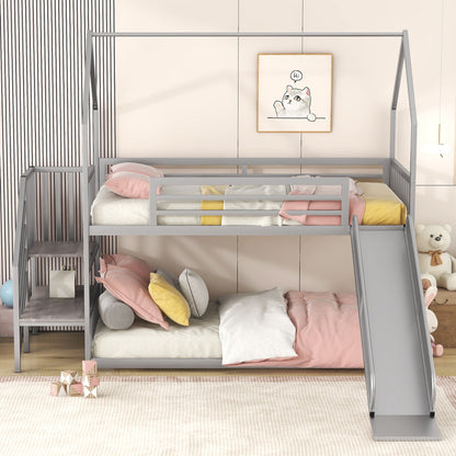 Twin Over Twin Metal Bunk Bed House Bed With Slide And Staircase - Silver