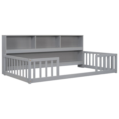 Twin Floor Bed With Bedside Bookcase, Shelves, Guardrails - Gray