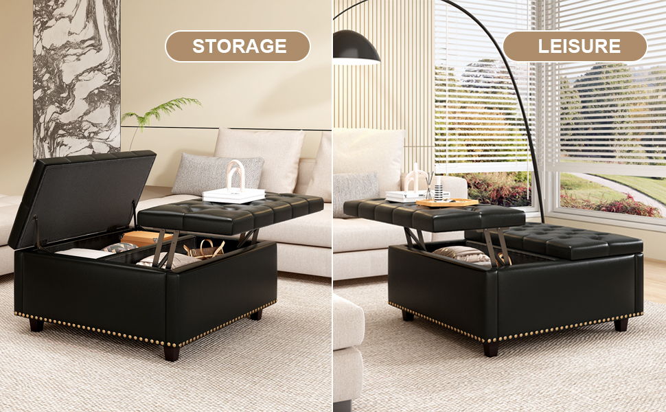 Large Square Storage Stool With 2 Storage Doors, Footstool For Living Room Studded Mid - Century Modern Coffee Table - Black