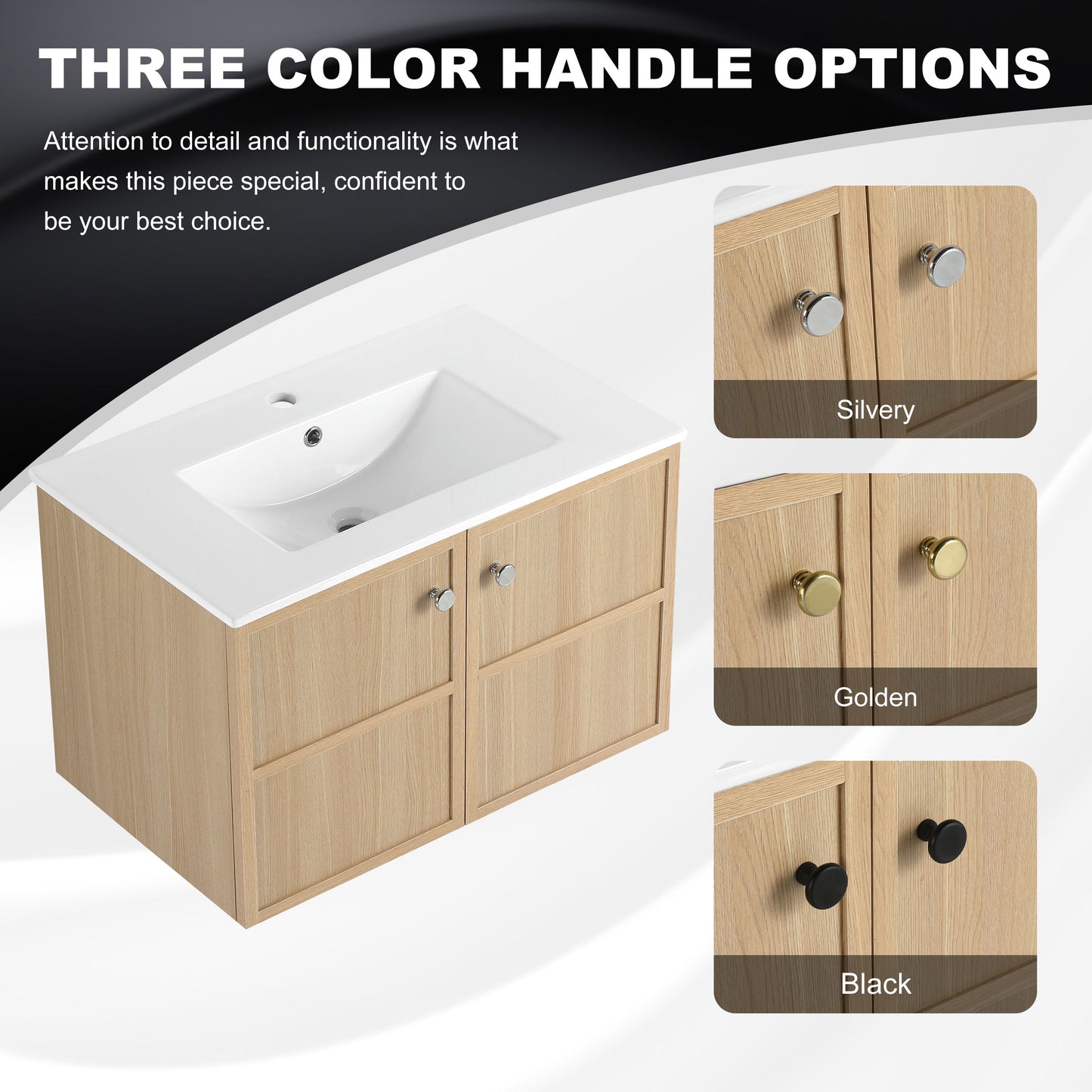 Modern Wall Mounted 30" Bathroom Vanity With Ceramic Sink And Soft Closing Doors - Oak