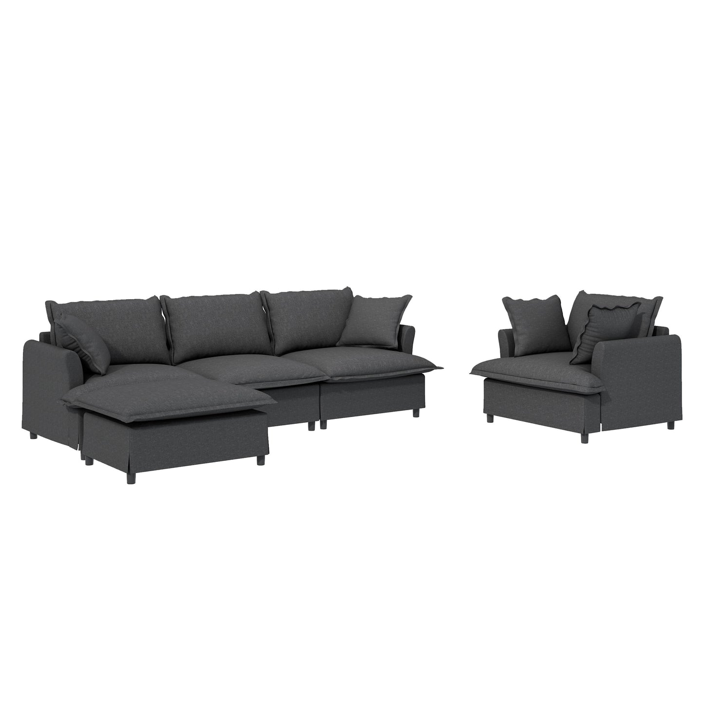 3 Piece Living Room Set Modular L Shaped Sectional Couch Upholstered, 3 Seater Sofa & Armchair & Movable Ottoman 5 Seat - Gray